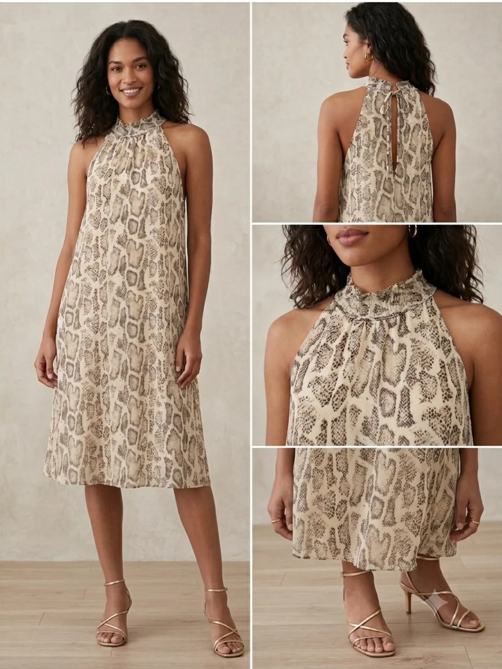 She + Sky Beige Snake-Print Halter Midi Dress